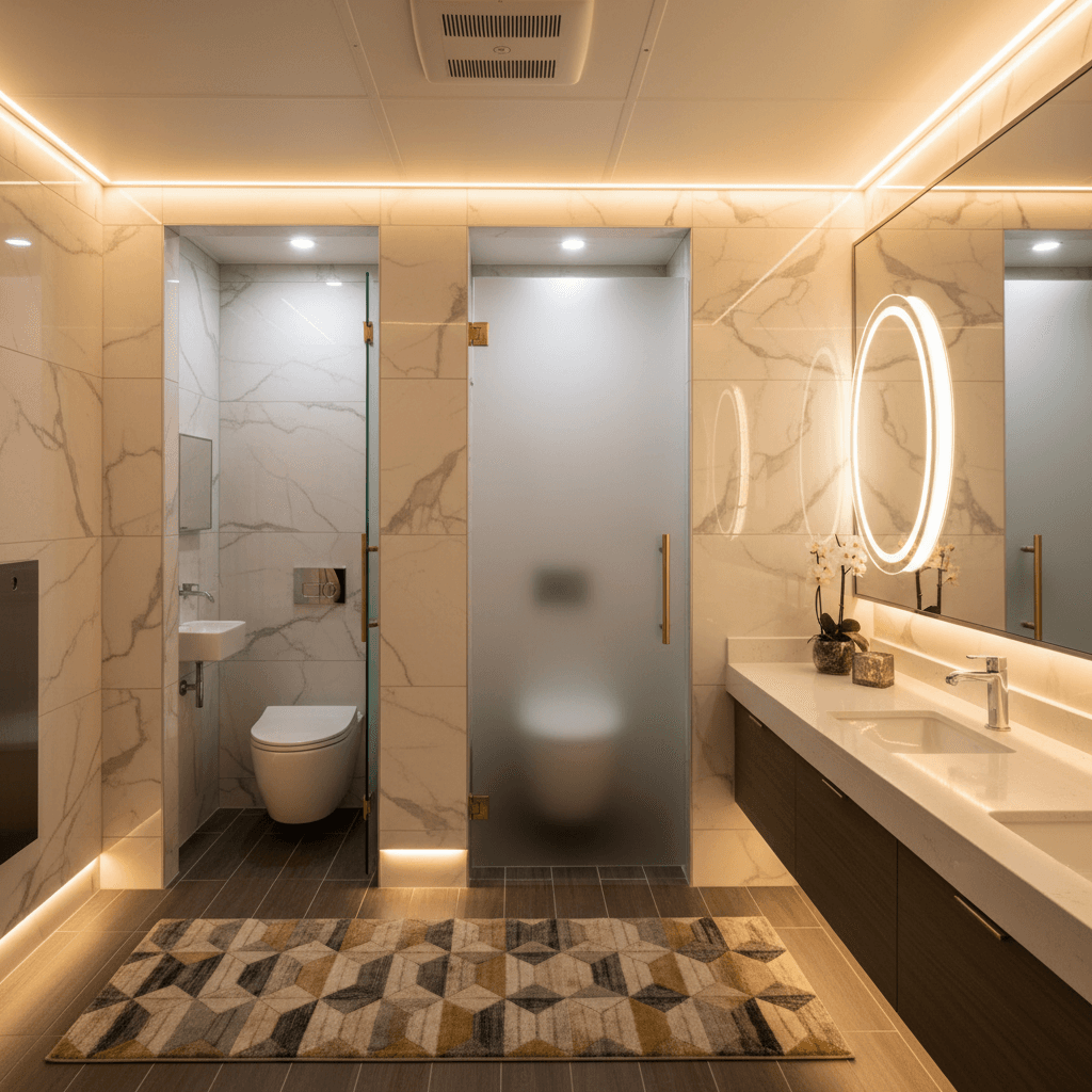 Luxury bathroom trailer interior with two private stalls, modern fixtures, and warm ambient lighting