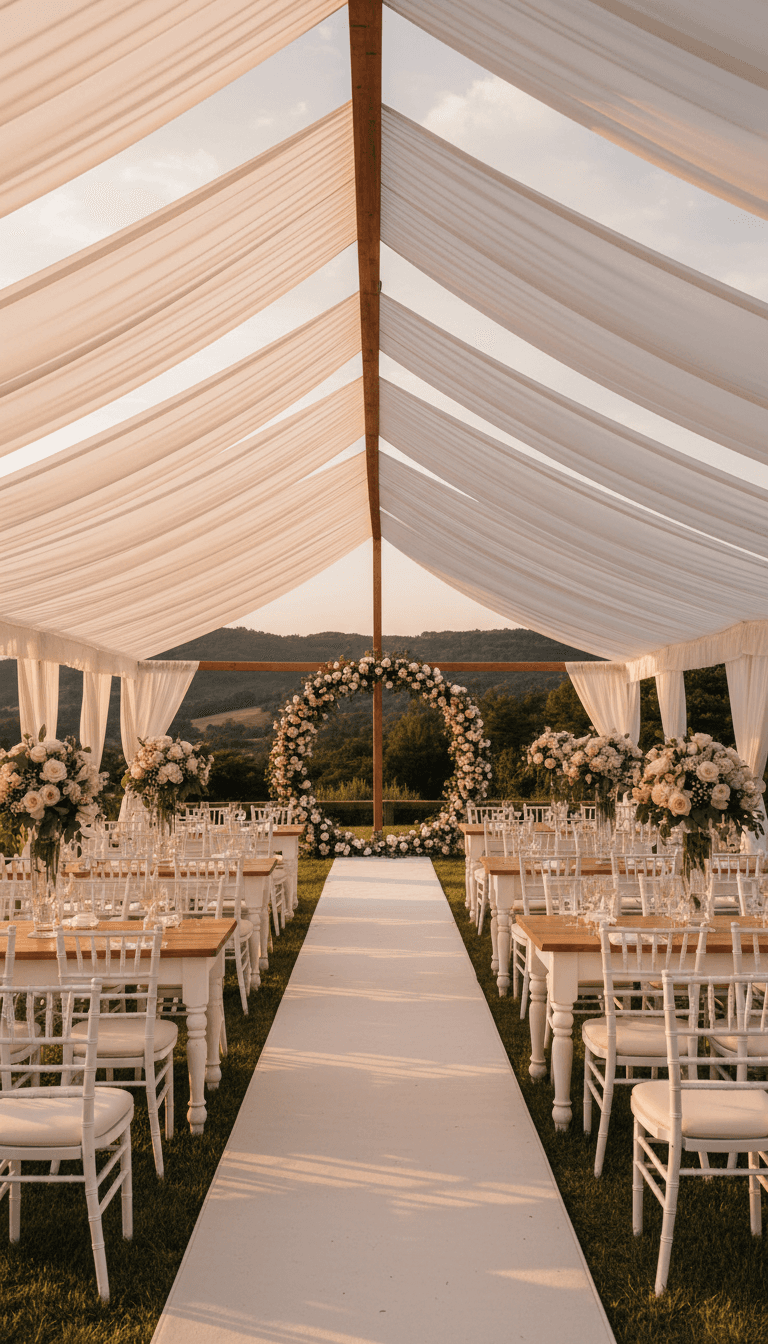 Outdoor wedding reception setup with white tent and floral decorations