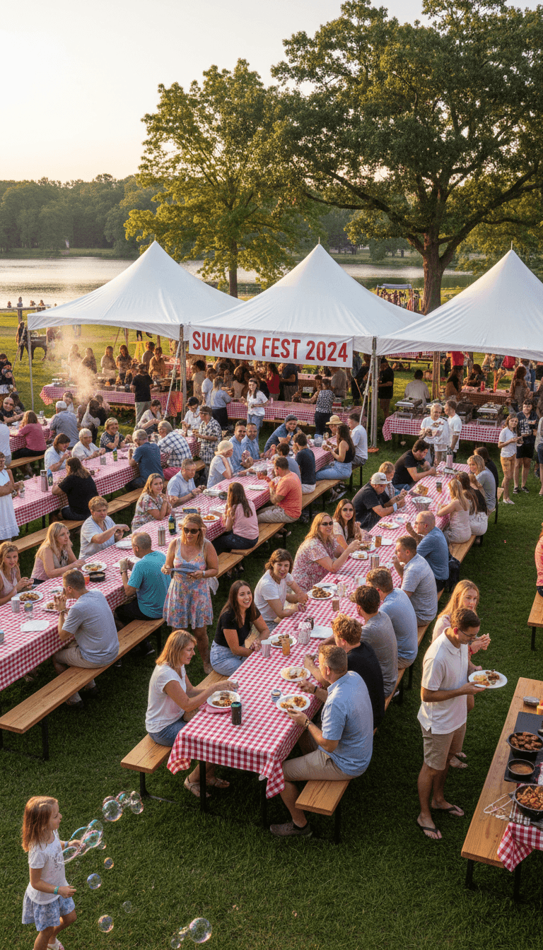 Large outdoor picnic event with tables, tents, and people socializing