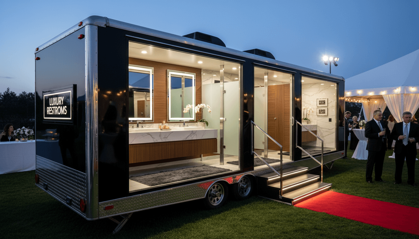 Luxury bathroom trailer with sleek interior and exterior at an outdoor event in Arkansas