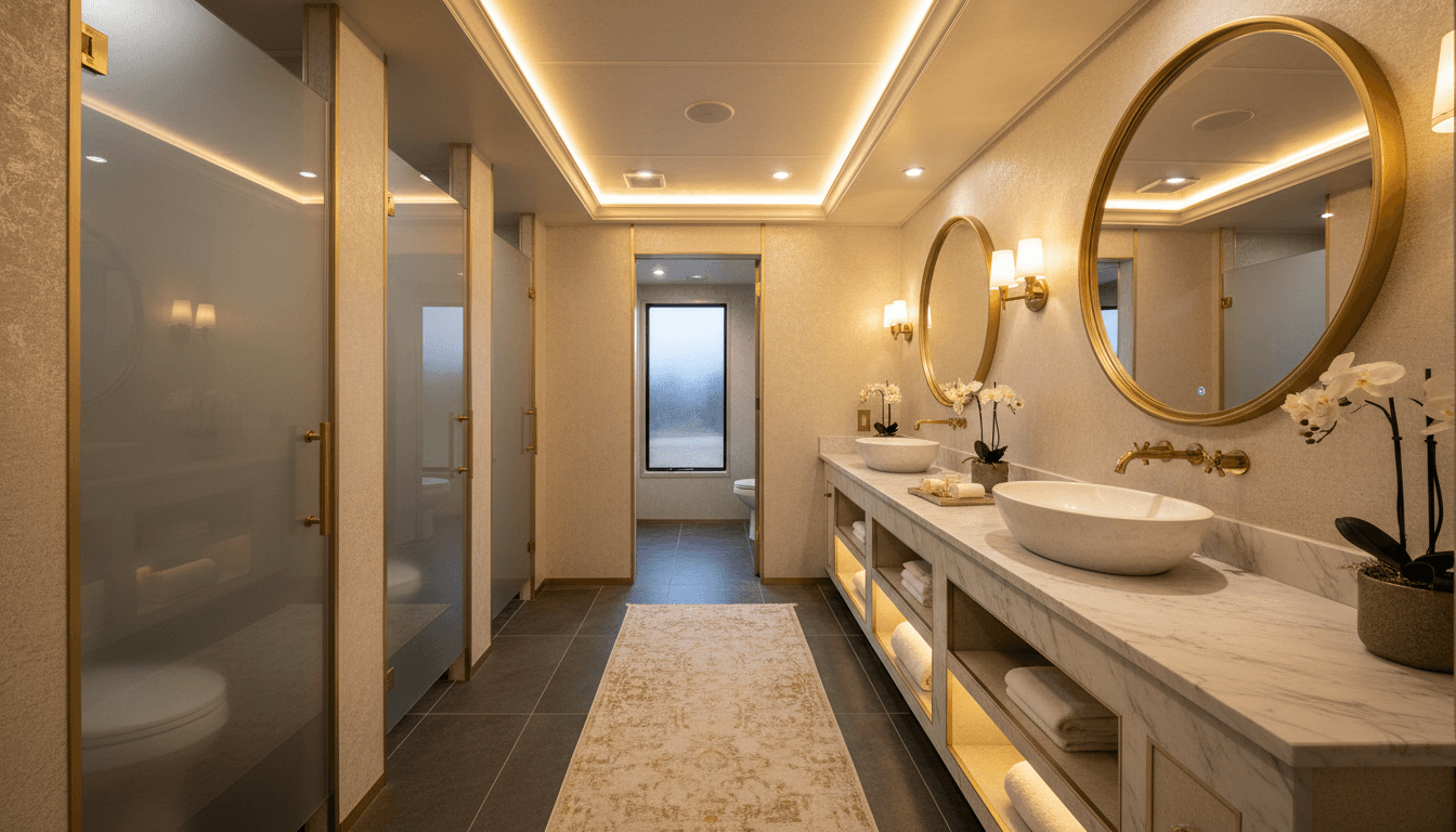 Luxury bathroom trailer interior with modern fixtures and elegant finishes