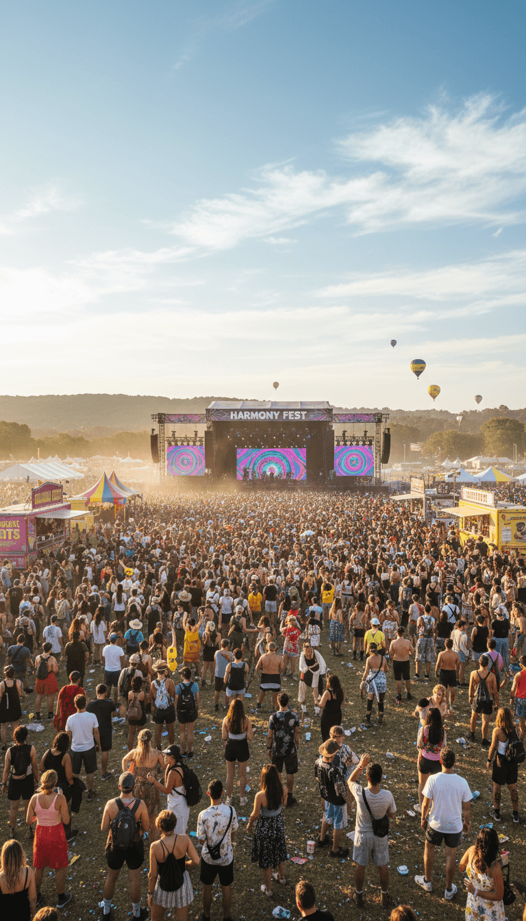 Outdoor music festival with crowd near stage and vendor tents
