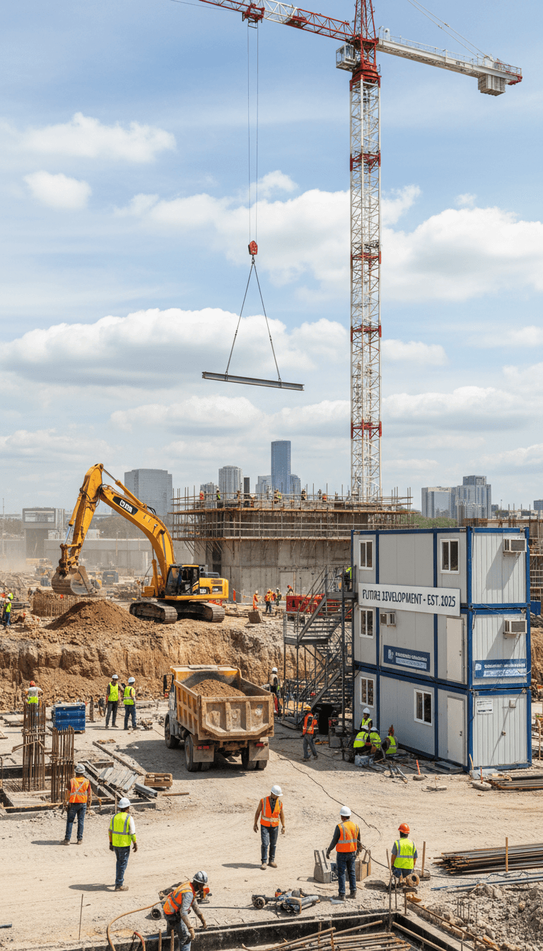 Active commercial construction site with workers and equipment