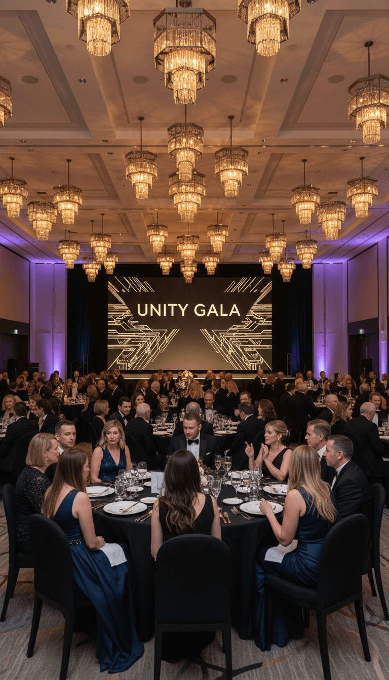 Formal black tie event with elegant table settings and chandeliers