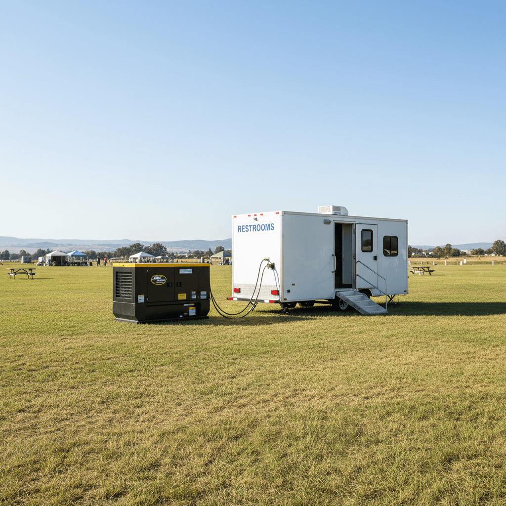 Generator connected to a bathroom trailer on a grassy event site with clear sky