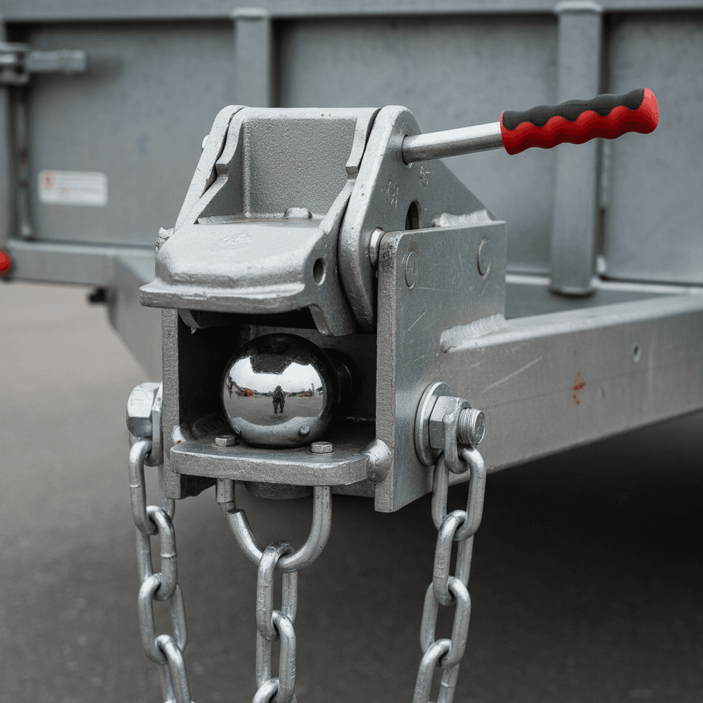 Close-up of utility trailer coupling mechanism, hitch receiver, and safety chain hardware showing metal fabrication details