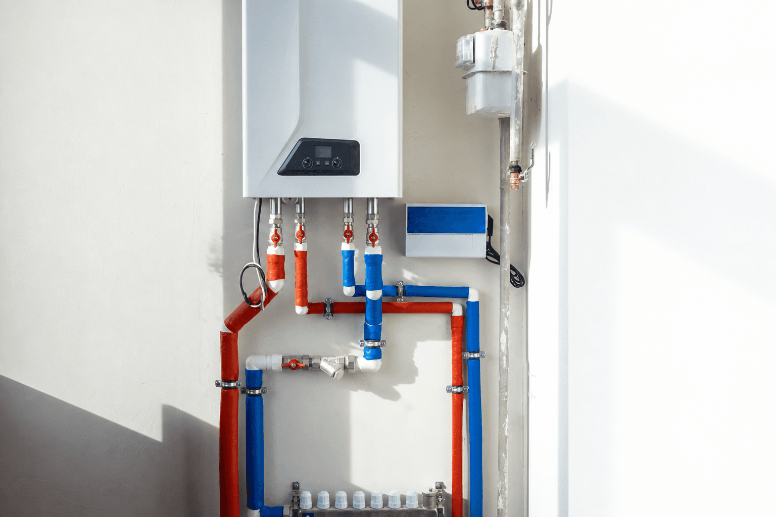 White wall-mounted gas boiler with red and blue insulated pipes and a gas meter.